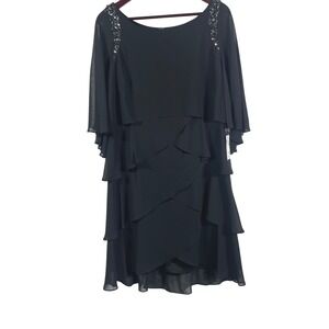 SLNY Black Tiered Chiffon Beaded Capelet Overlay Cocktail Dress Size 12 NYE